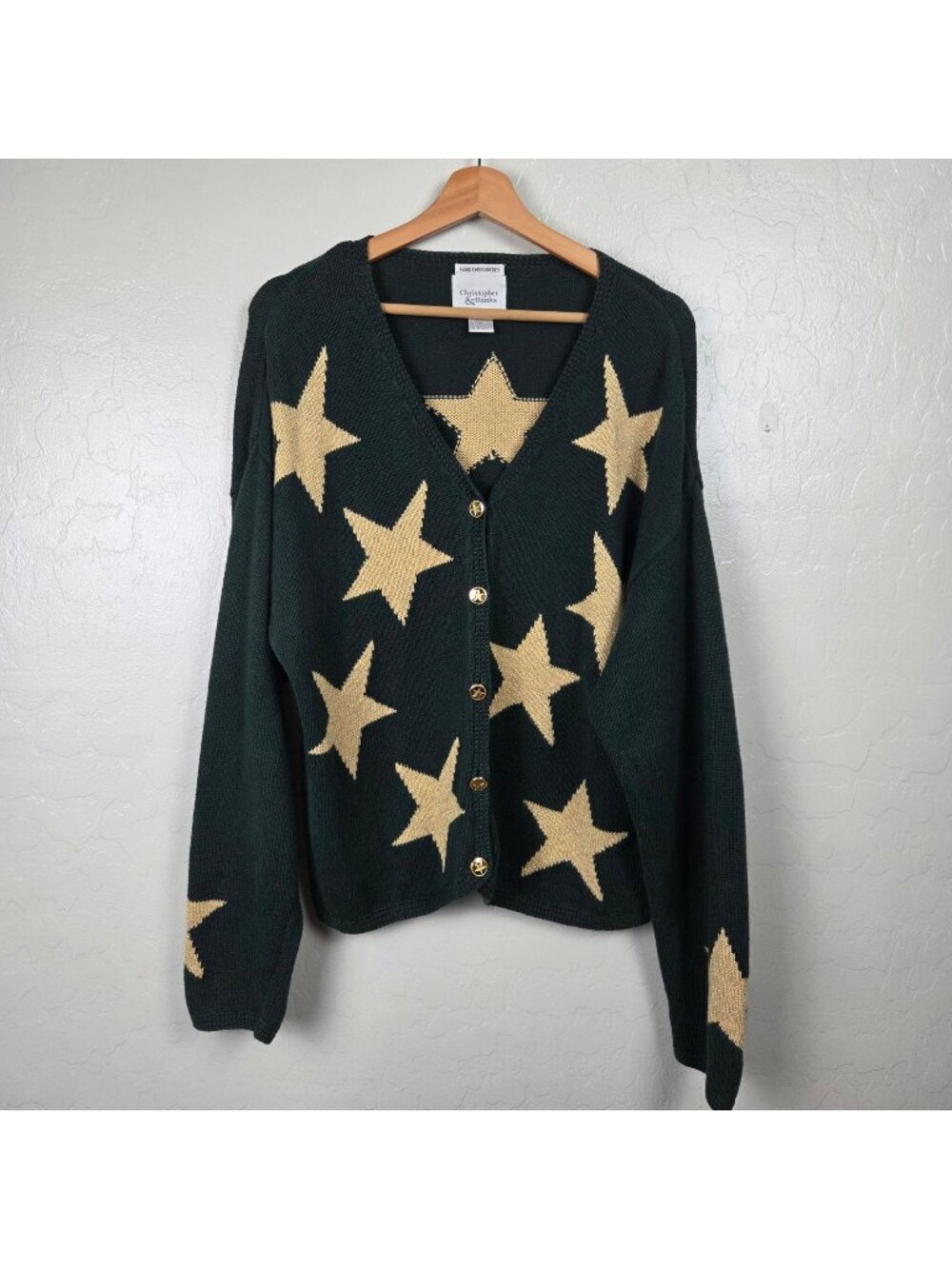 Vtg 90's Star Embroidered Knit Cardigan Forest Green/Gold XL Christopher & Banks